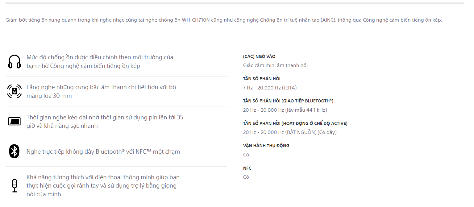 bảng thông số kỹ thuật và các tính năng khác