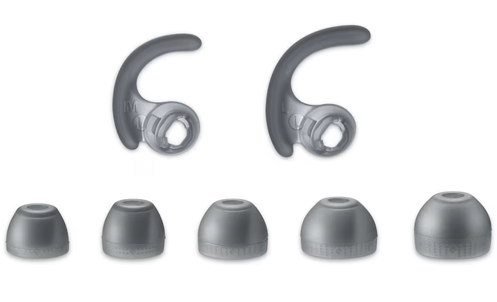 Hình ảnh thể hiện hai kích cỡ móc cố định và 5 kích cỡ miếng đệm tai cao su silicon hỗn hợp