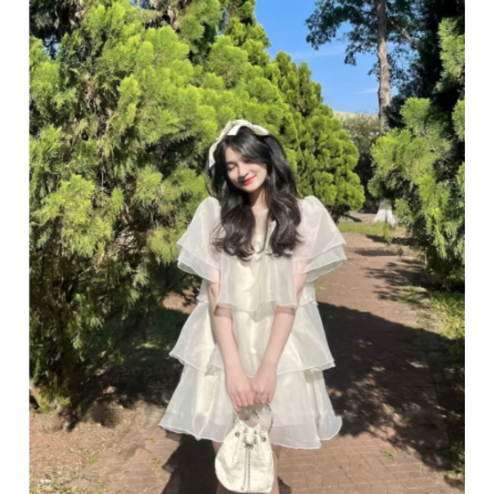 Váy Tầng Babydoll Tơ Óng 3 Tầng Nơ Cổ